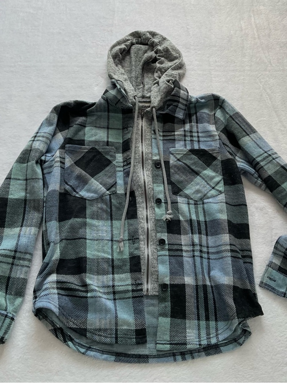 No Boundaries Plaid Hooded Jacket Shacket Blue Gray Women Large Cozy - Picture 8 of 10